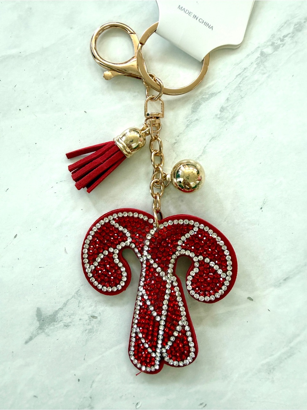 ✨ NWT Sparkling Rhinestone Christmas Candy Cane Puffy Keychain / Bag Charm ✨